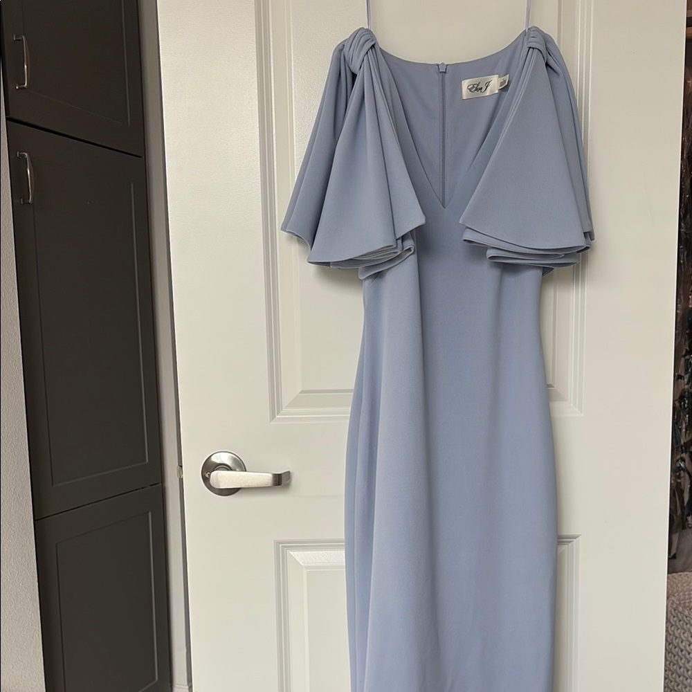 Blue Sheath Dress with Flutter Cap Sleeves and V-Neck